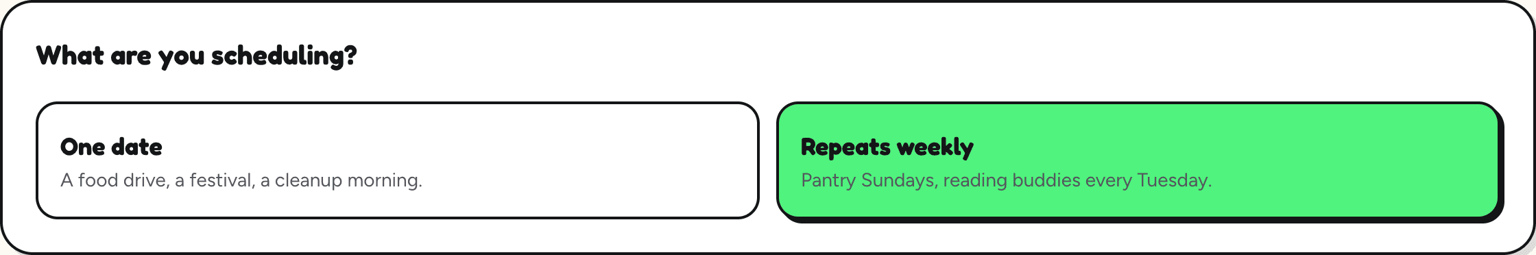 Two choices: One date (a food drive, a festival, a cleanup morning) and Repeats weekly (pantry Sundays, reading buddies every Tuesday). Repeats weekly is selected.