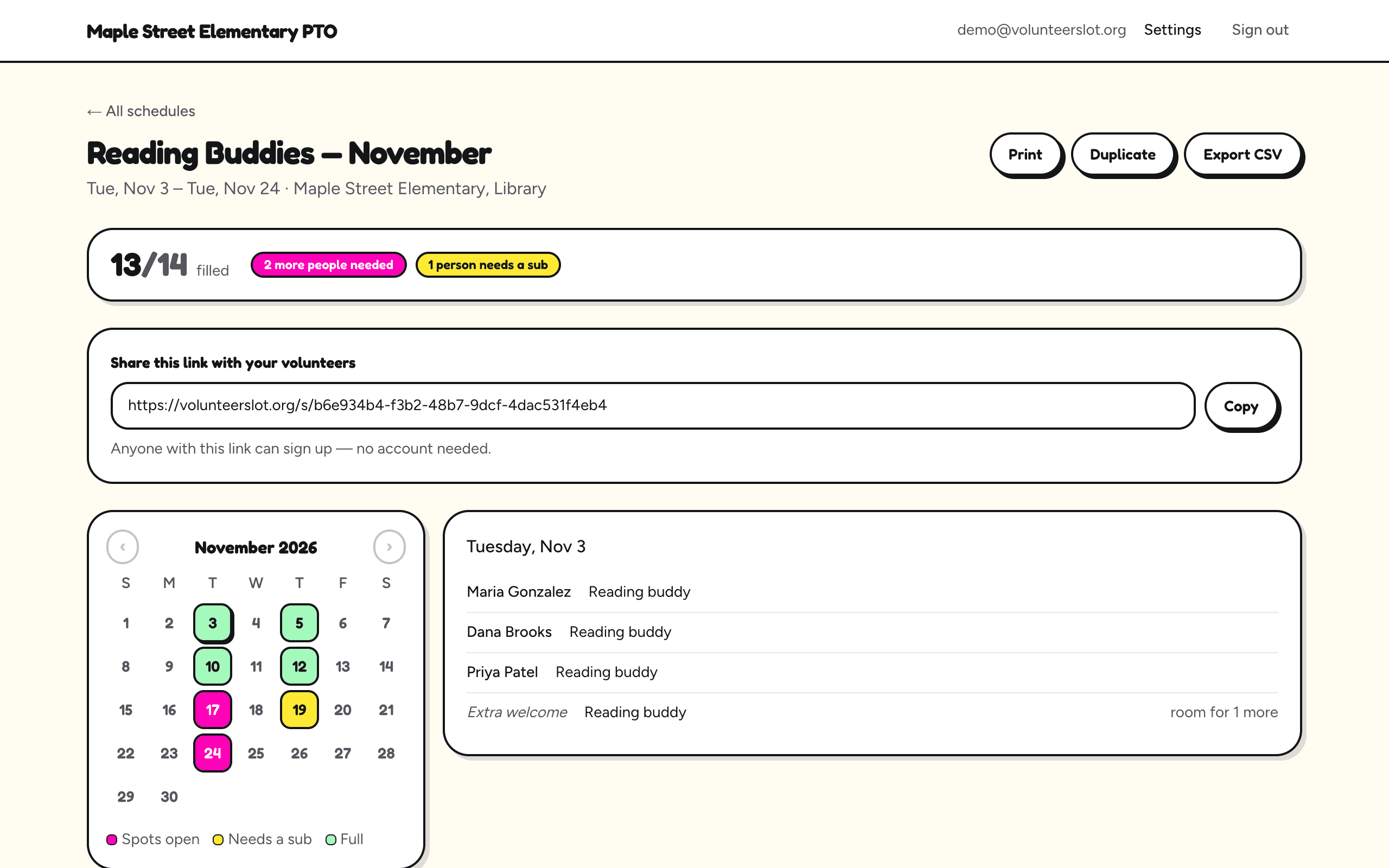 The coordinator's schedule page: 13 of 14 spots filled, a calendar with full days in green, days with open spots in pink, and one day in yellow where someone needs a sub. The list beside it shows who signed up for Tuesday, Nov 3.
