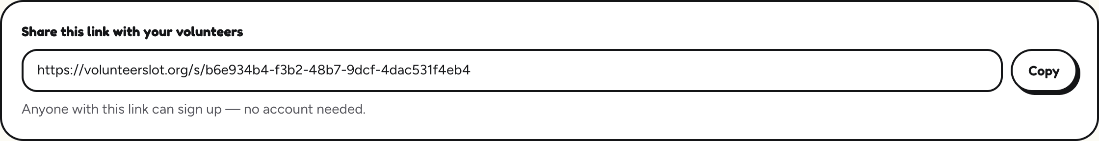 The schedule page's share box: a web link to the schedule with a Copy button, and the note: Anyone with this link can sign up — no account needed.