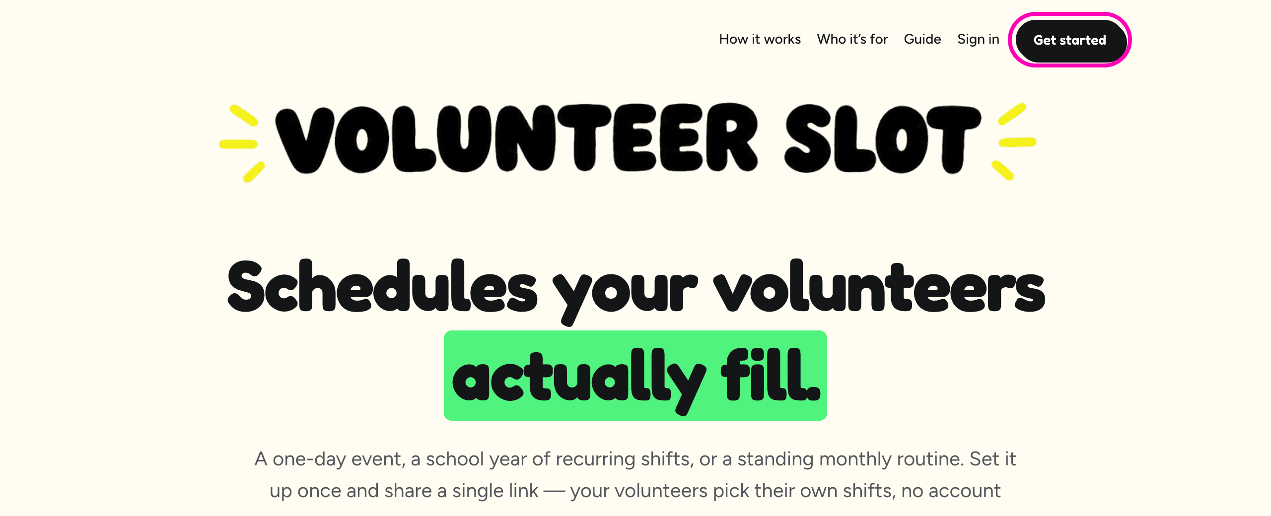 The top of the VolunteerSlot homepage, with the Get started button in the top right corner circled.