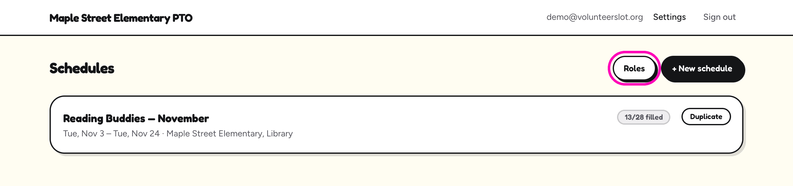The top of the Schedules page with the Roles button circled.