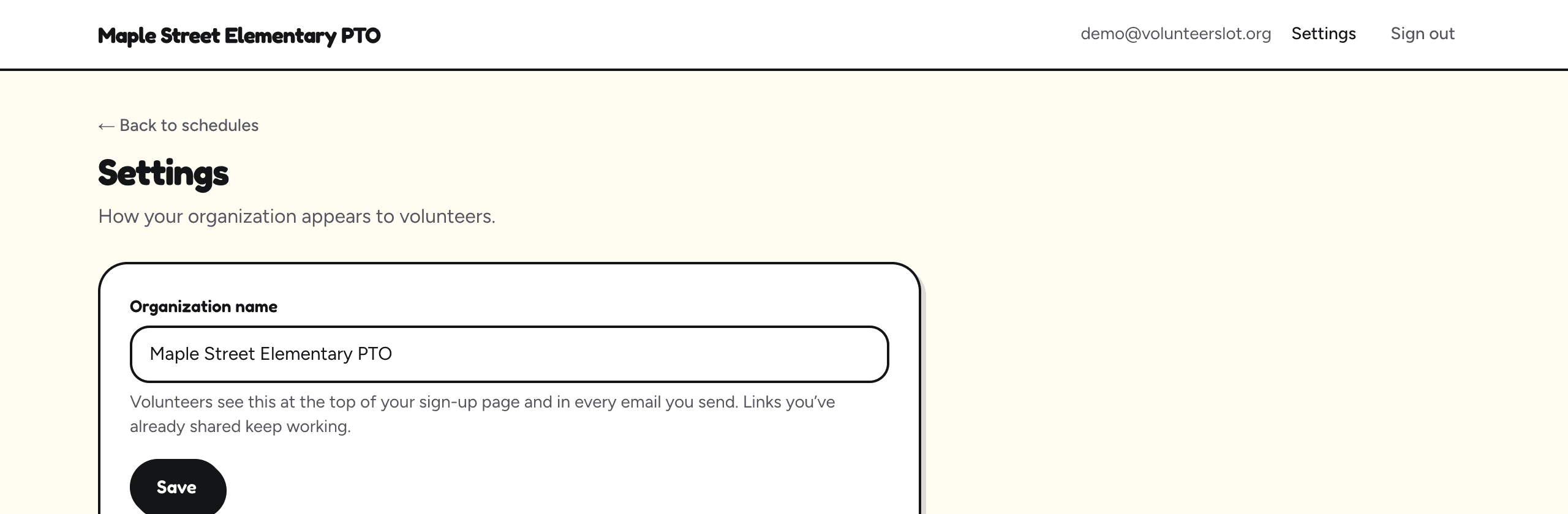 The Settings page, where you can change your organization's name.