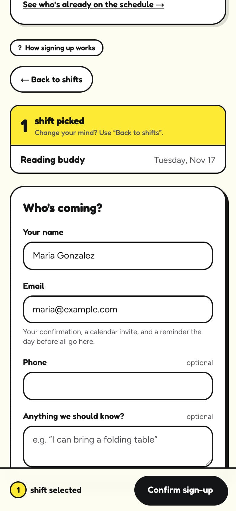 On a phone, a volunteer opens the schedule, ticks Reading buddy on Tuesday, Nov 10, taps Continue and types her name and email.