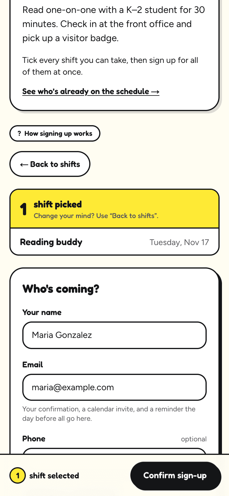 The details step on a phone: 1 shift picked, Reading buddy, Tuesday, Nov 10, then Your name and Email filled in, with optional Phone and Anything we should know fields, and a Confirm sign-up button.