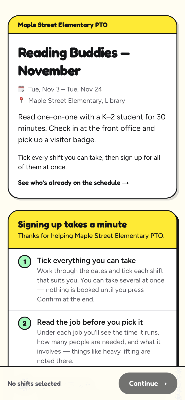 The sign-up page on a phone: the organization's name, the schedule's title, dates and location, then a box titled Signing up takes a minute explaining the steps.