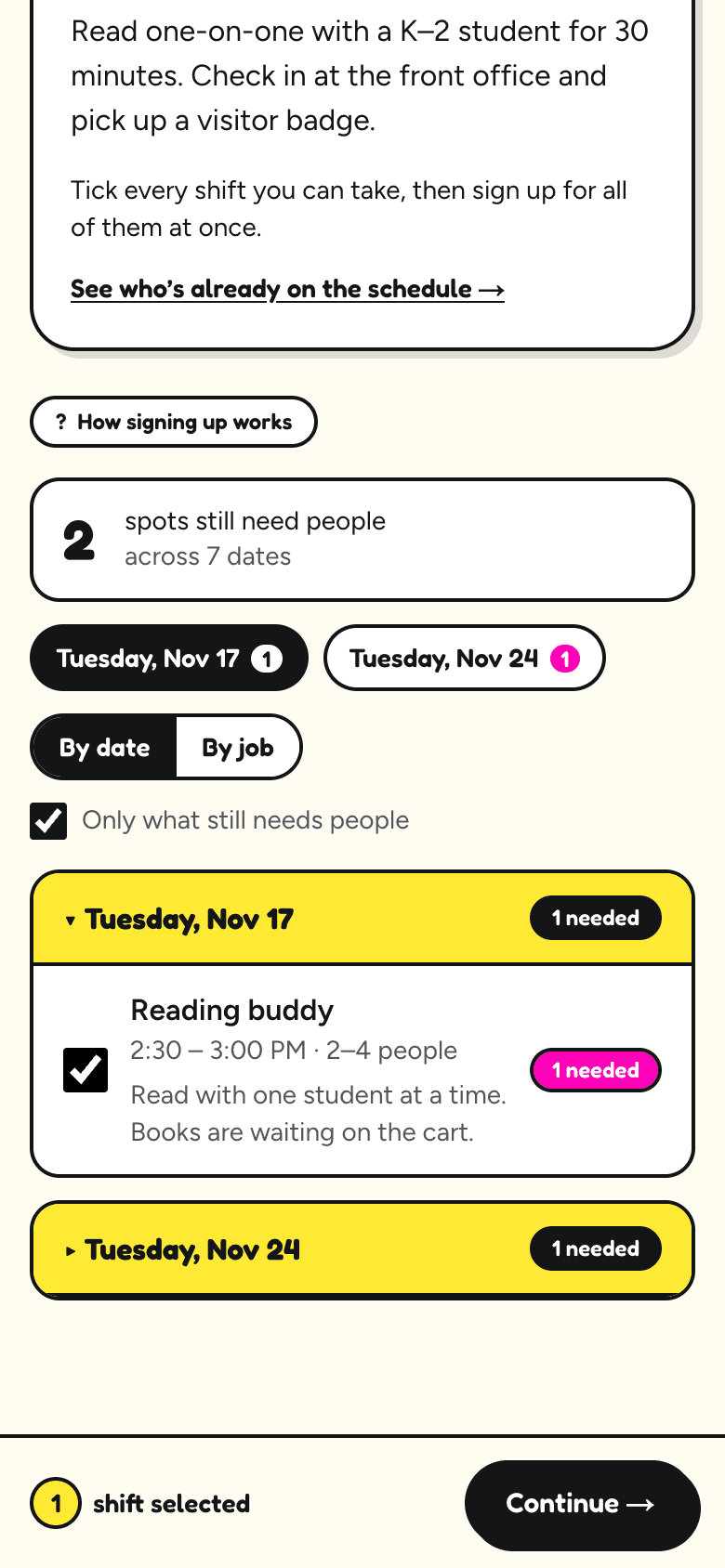 The list of dates on a phone, showing only the ones that still need people. Reading buddy on Tuesday, Nov 10 is ticked, and the bar at the bottom says 1 shift selected, with a Continue button.