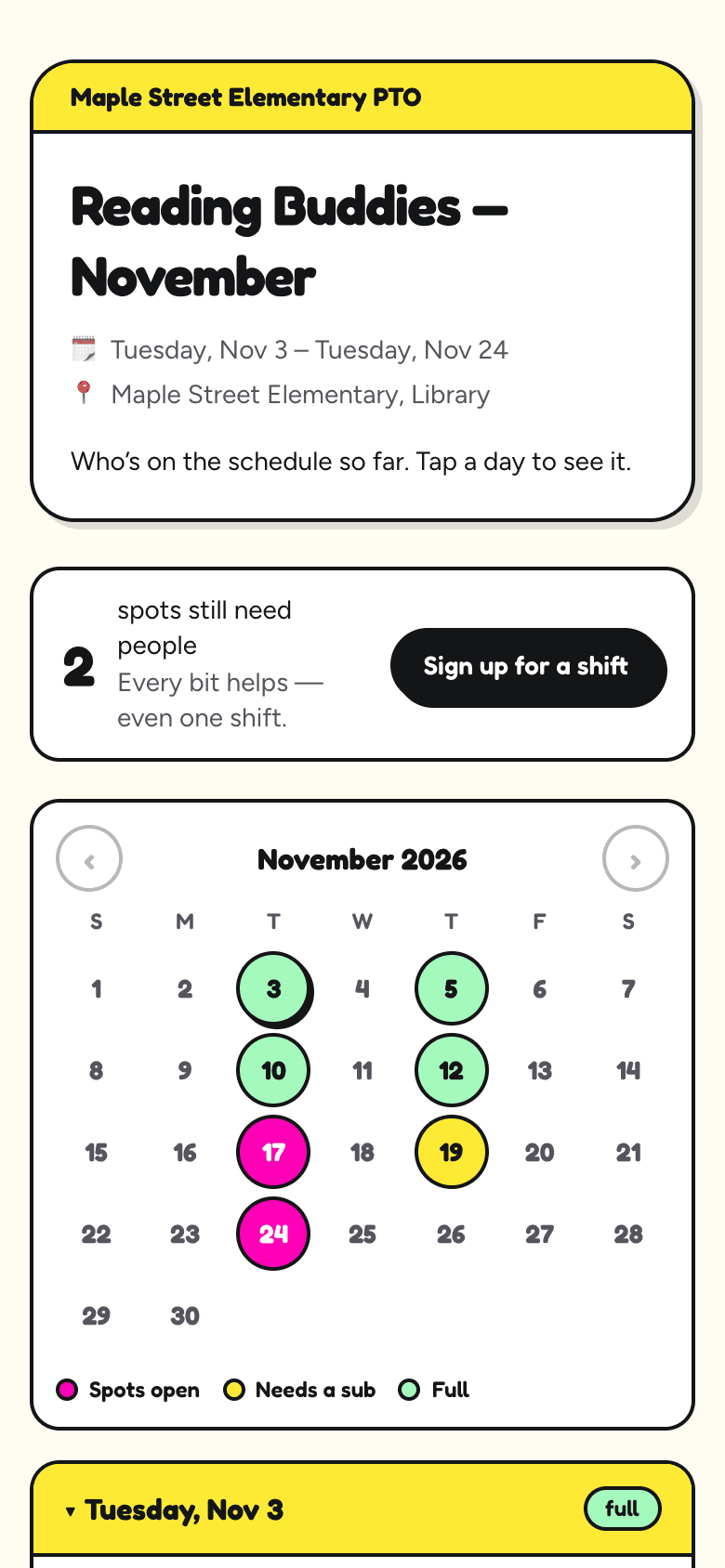 The who's on the schedule page on a phone: 2 spots still need people with a Sign up for a shift button, a calendar of the month with each day colored, and Tuesday, Nov 3 opened to show the three reading buddies by name.