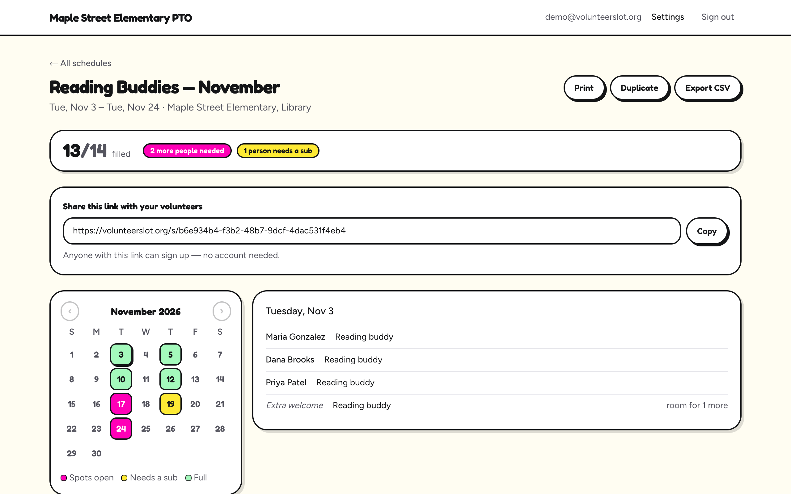 The coordinator's schedule page: 13 of 14 spots filled, a calendar with full days in green, days with open spots in pink, and one day in yellow where someone needs a sub. The list beside it shows who signed up for Tuesday, Nov 3.