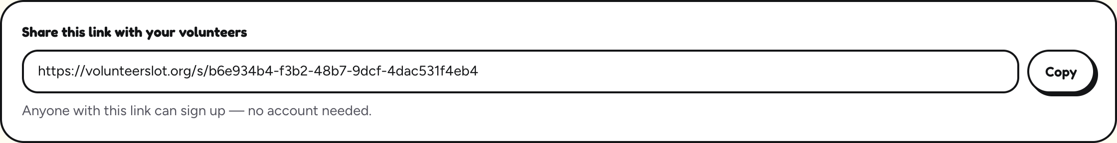 The schedule page's share box: a web link to the schedule with a Copy button, and the note: Anyone with this link can sign up — no account needed.