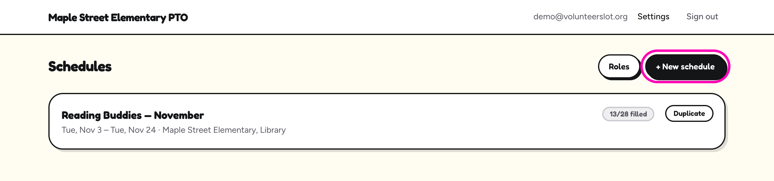 The top of the Schedules page, with the + New schedule button circled.