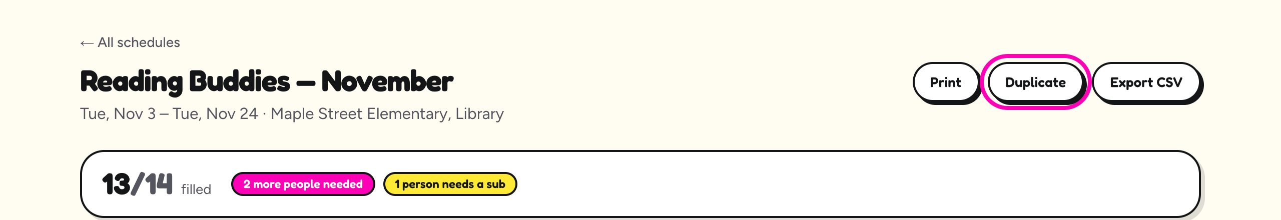 The top of a schedule's page with the Duplicate button circled, next to Print and Export CSV.