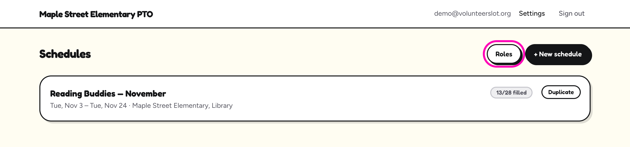 The top of the Schedules page with the Roles button circled.