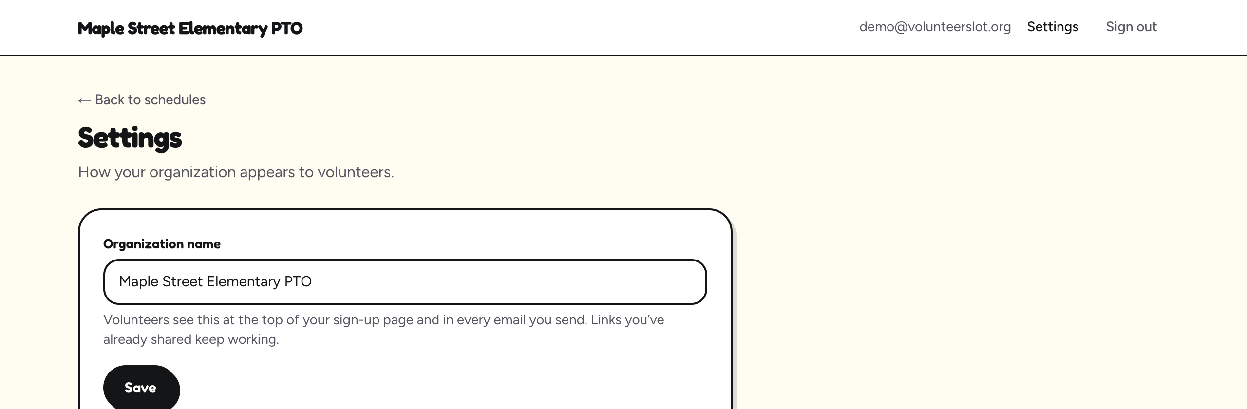 The Settings page, where you can change your organization's name.